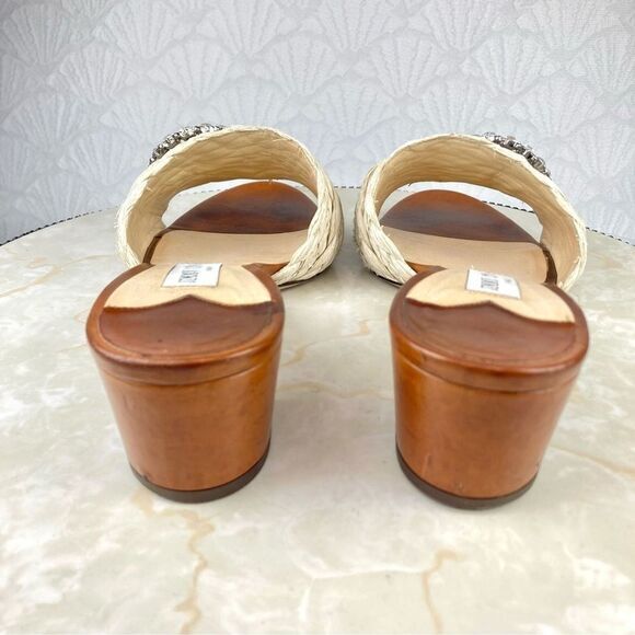 Jimmy Choo Granger Raffia-Wicker Heels Sandals Ivory Crystal Embellished Slides - Picture 8 of 13
